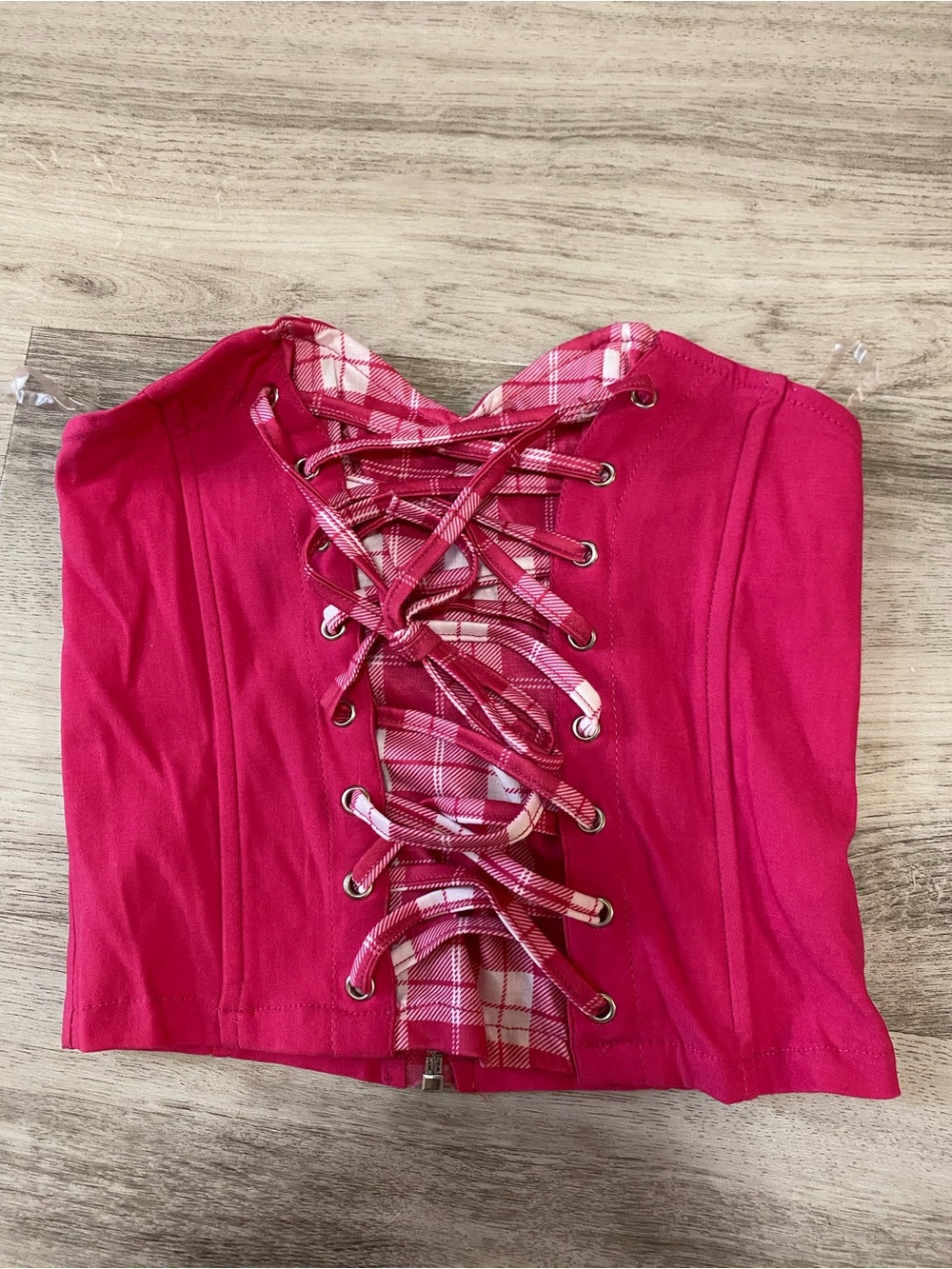 Dolls Kill Country Plaid Hot Pink Lace-Up Bustier Corset Top- NWOT